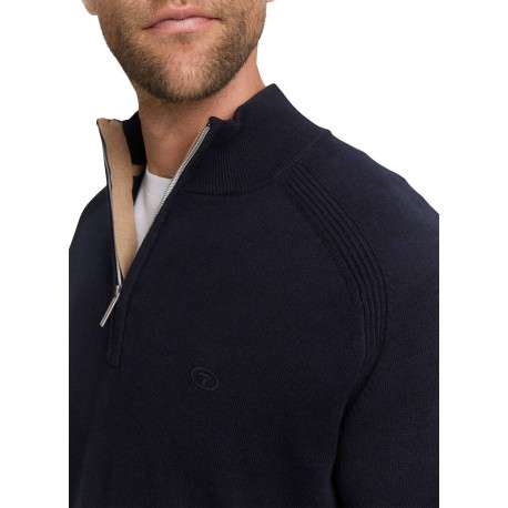 Pull en coton marine uni avec un col camionneur côtelé à zip - Image 6