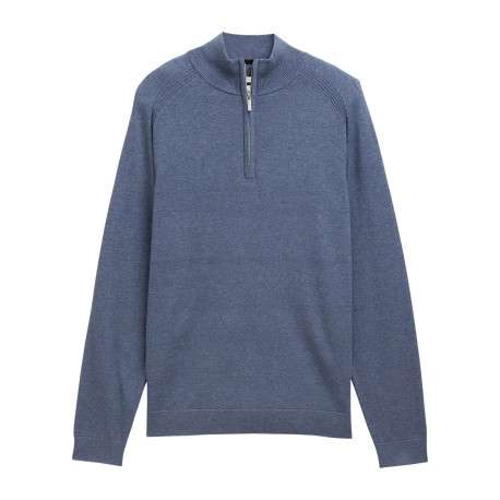 Pull en coton bleu uni avec un col camionneur côtelé à zip