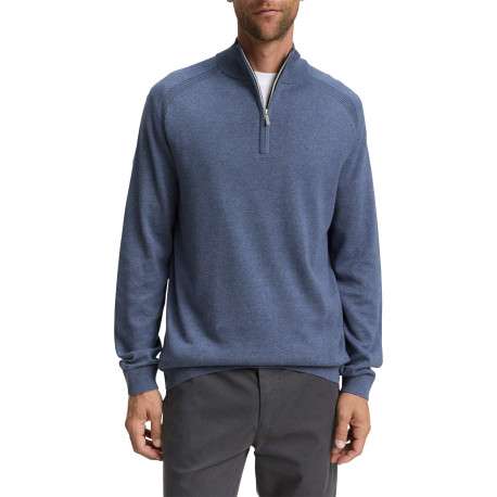 Pull en coton bleu uni avec un col camionneur côtelé à zip - Image 2