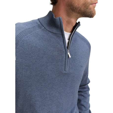 Pull en coton bleu uni avec un col camionneur côtelé à zip - Image 4