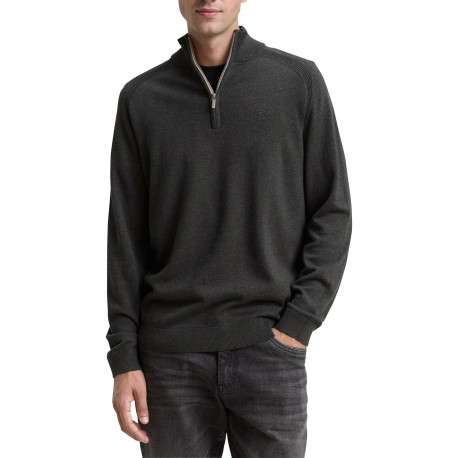 Pull en coton anthracite uni avec un col camionneur côtelé à zip - Image 2