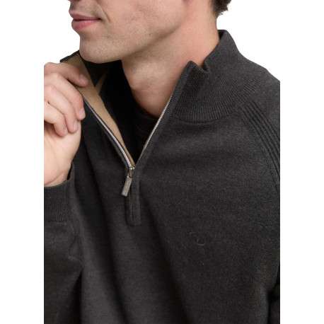 Pull en coton anthracite uni avec un col camionneur côtelé à zip - Image 4