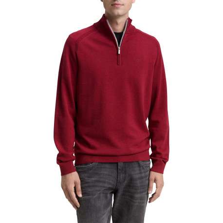 Pull en coton rouge uni avec un col camionneur côtelé à zip - Image 2