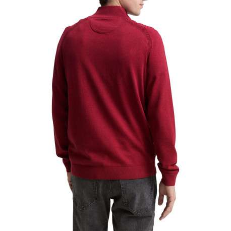 Pull en coton rouge uni avec un col camionneur côtelé à zip - Image 3