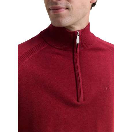 Pull en coton rouge uni avec un col camionneur côtelé à zip - Image 4
