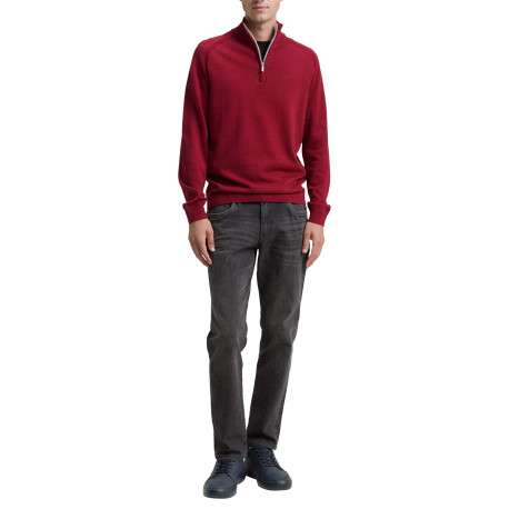 Pull en coton rouge uni avec un col camionneur côtelé à zip - Image 5