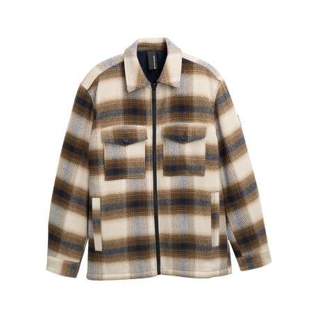 Veste beige à motif écossais avec un col chemise et manches longues - Image 3