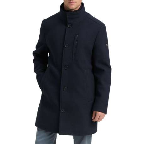 Manteau marine uni avec un col montant et boutonnière à l'avant - Image 2