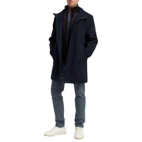 Manteau marine uni avec un col montant et boutonnière à l'avant - Image 5