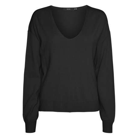 Pull noir uni avec une coupe droite à col v et des manches longues