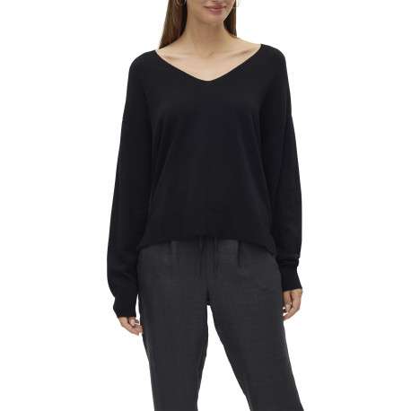 Pull noir uni avec une coupe droite à col v et des manches longues - Image 2
