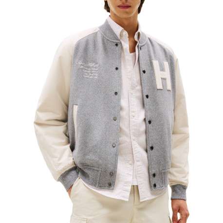 Bomber en coton gris avec un col châle et boutonnière chromée - Image 4