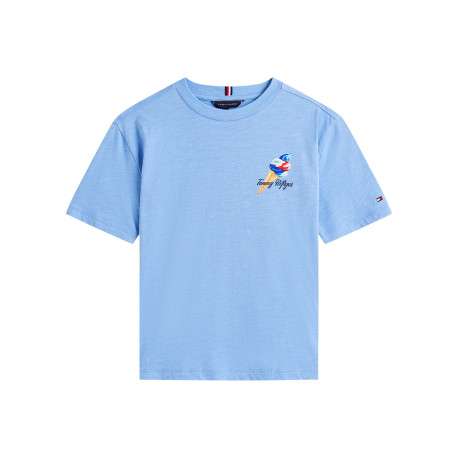 T-shirt à coupe droite en coton bleu uni pourvu d'un col rond