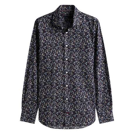 Chemise en coton marine ornée d'un motif floral avec un col à rabats