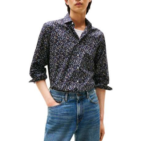 Chemise en coton marine ornée d'un motif floral avec un col à rabats - Image 2