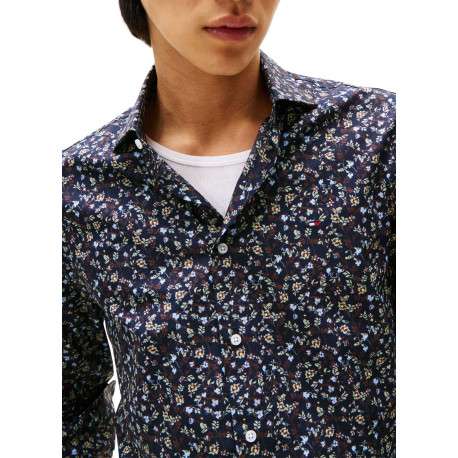 Chemise en coton marine ornée d'un motif floral avec un col à rabats - Image 4