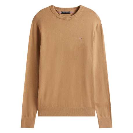 Pull en coton camel uni avec un col rond et des manches longues