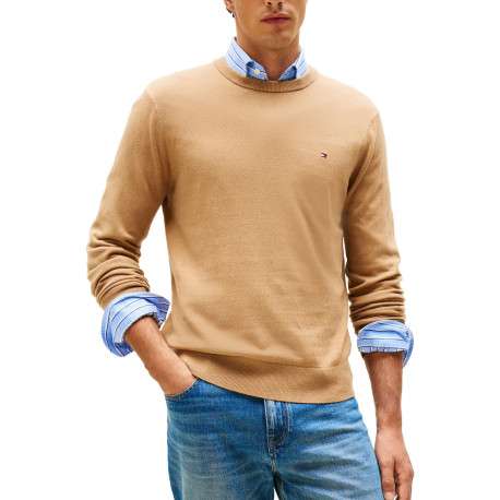 Pull en coton camel uni avec un col rond et des manches longues - Image 2