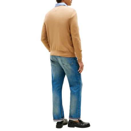 Pull en coton camel uni avec un col rond et des manches longues - Image 3