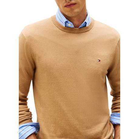Pull en coton camel uni avec un col rond et des manches longues - Image 4
