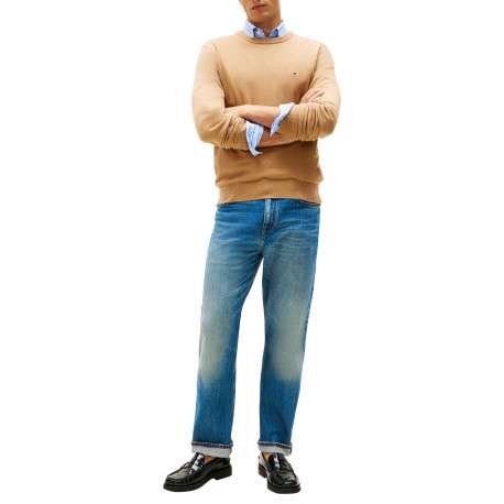Pull en coton camel uni avec un col rond et des manches longues - Image 5