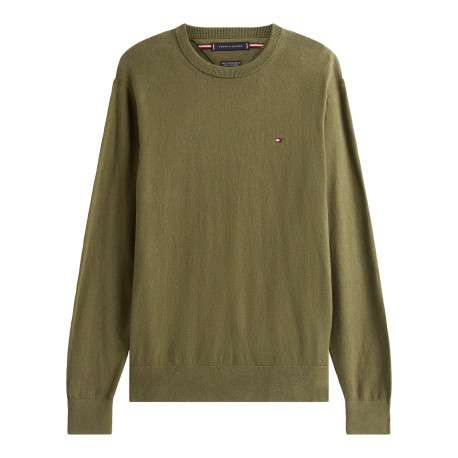 Pull en coton kaki uni avec un col rond et des manches longues