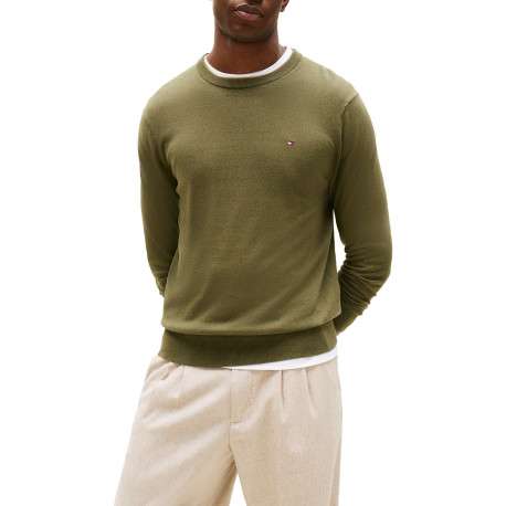 Pull en coton kaki uni avec un col rond et des manches longues - Image 2