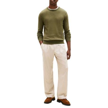 Pull en coton kaki uni avec un col rond et des manches longues - Image 5