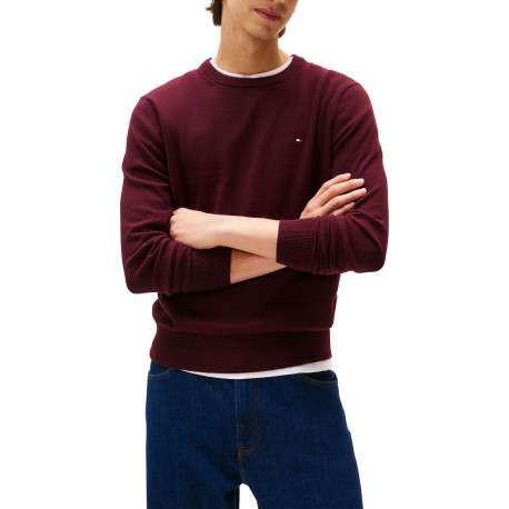 Pull en coton bordeaux uni avec un col rond et des manches longues - Image 2