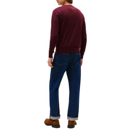 Pull en coton bordeaux uni avec un col rond et des manches longues - Image 3