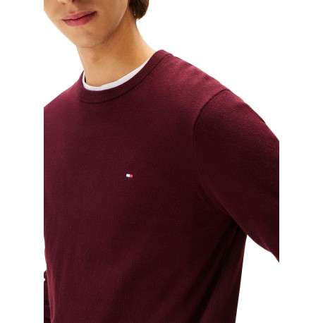 Pull en coton bordeaux uni avec un col rond et des manches longues - Image 4