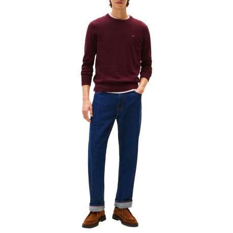 Pull en coton bordeaux uni avec un col rond et des manches longues - Image 5