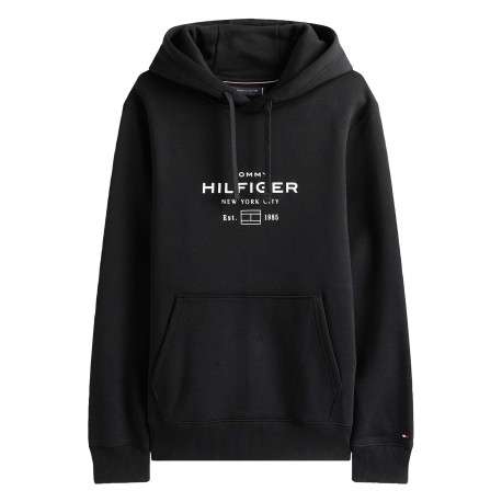 Sweat noir motif fantaisie pourvu d'un col à capuche avec cordons de serrage