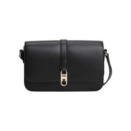 Sac noir uni avec fermeture à rabat et logo de la marque doré