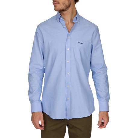 Chemise en coton piqué bleue ciel unie à coupe regular fit et col américain