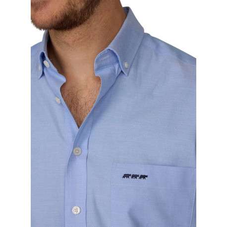 Chemise en coton piqué bleue ciel unie à coupe regular fit et col américain - Image 3