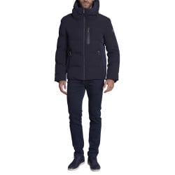 Doudoune marine uni avec une coupe droite et un col à capuche