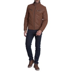 Blouson camel uni avec une coupe droite à col montant et des poches