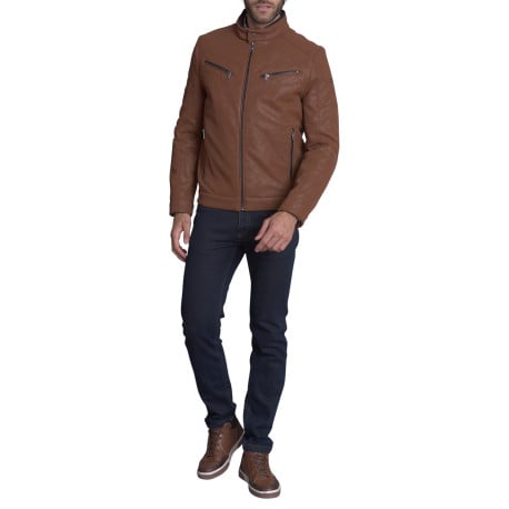 Blouson camel uni avec une coupe droite à col montant et des poches