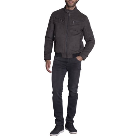 Blouson anthracite uni avec une coupe droite et un col montant