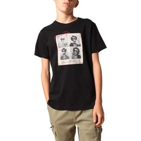 T-shirt en coton noir imprimé avec un col rond et des manches courtes