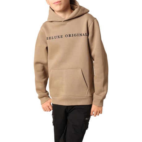 Sweat beige uni avec un col à capuche et une poche traversante