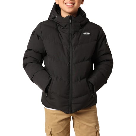 Doudoune noire matelassée avec un col à capuche et cordons de serrage