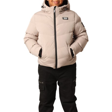 Doudoune beige matelassée avec un col à capuche et cordons de serrage