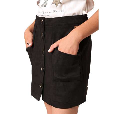 Jupe courte noire effet daim avec boutonnières à l'avant et bijou de la marque - Image 3