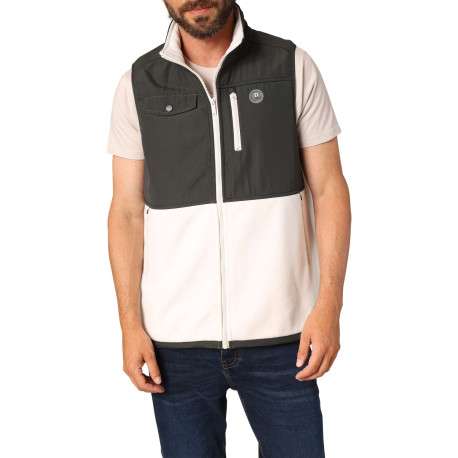 Sweat sans manches bi-matière écru et anthracite pourvu de poches plaquées