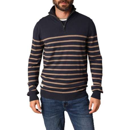 Pull marine orné d'un motif à rayures avec un col camionneur zippé