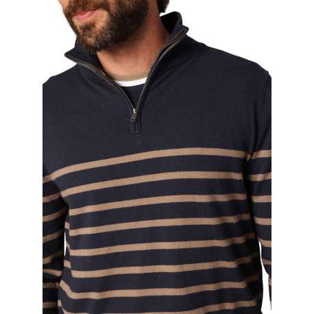 Pull marine orné d'un motif à rayures avec un col camionneur zippé - Image 3