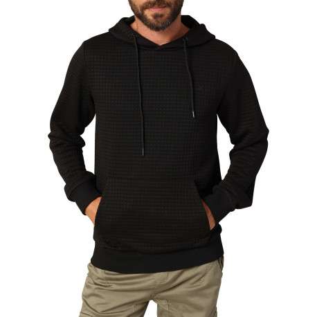 Sweat noir avec un motif quadrillage en relief et un col à capuche