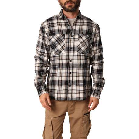 Chemise en coton écrue, noire et marron à motif écossais avec un col à rabats